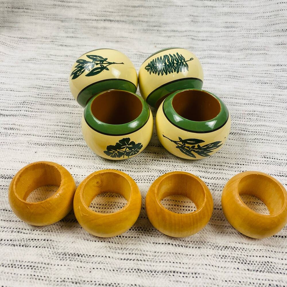 Wooden Natural Cottagecore Green & Ivory Napkin Rings Set‎ of 8 Boho Farmhouse